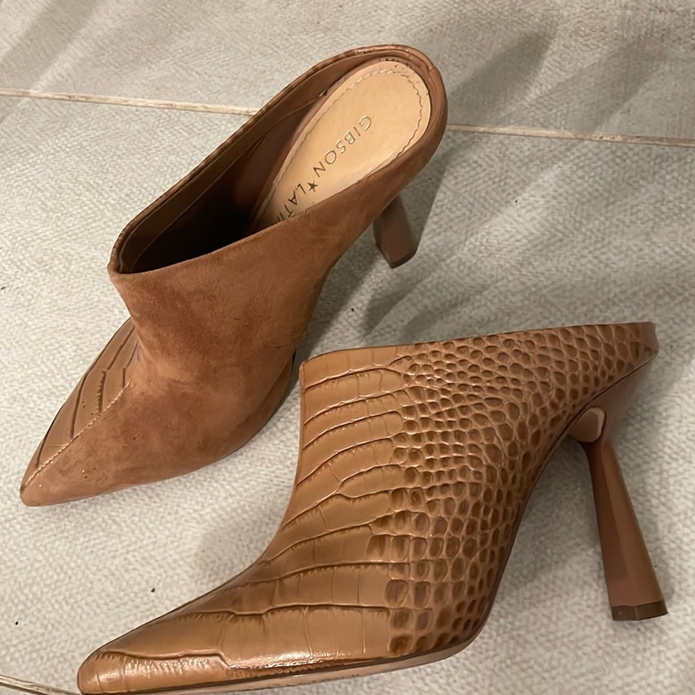 High heel mixed material faux suede mules